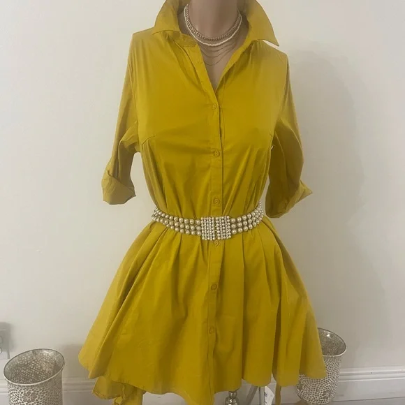 mustard yellow button down dress Golden Yellow Cotton Poplin Fit and Flare Short Button-Down Shirt Dress 46" / Custom Height (Free)